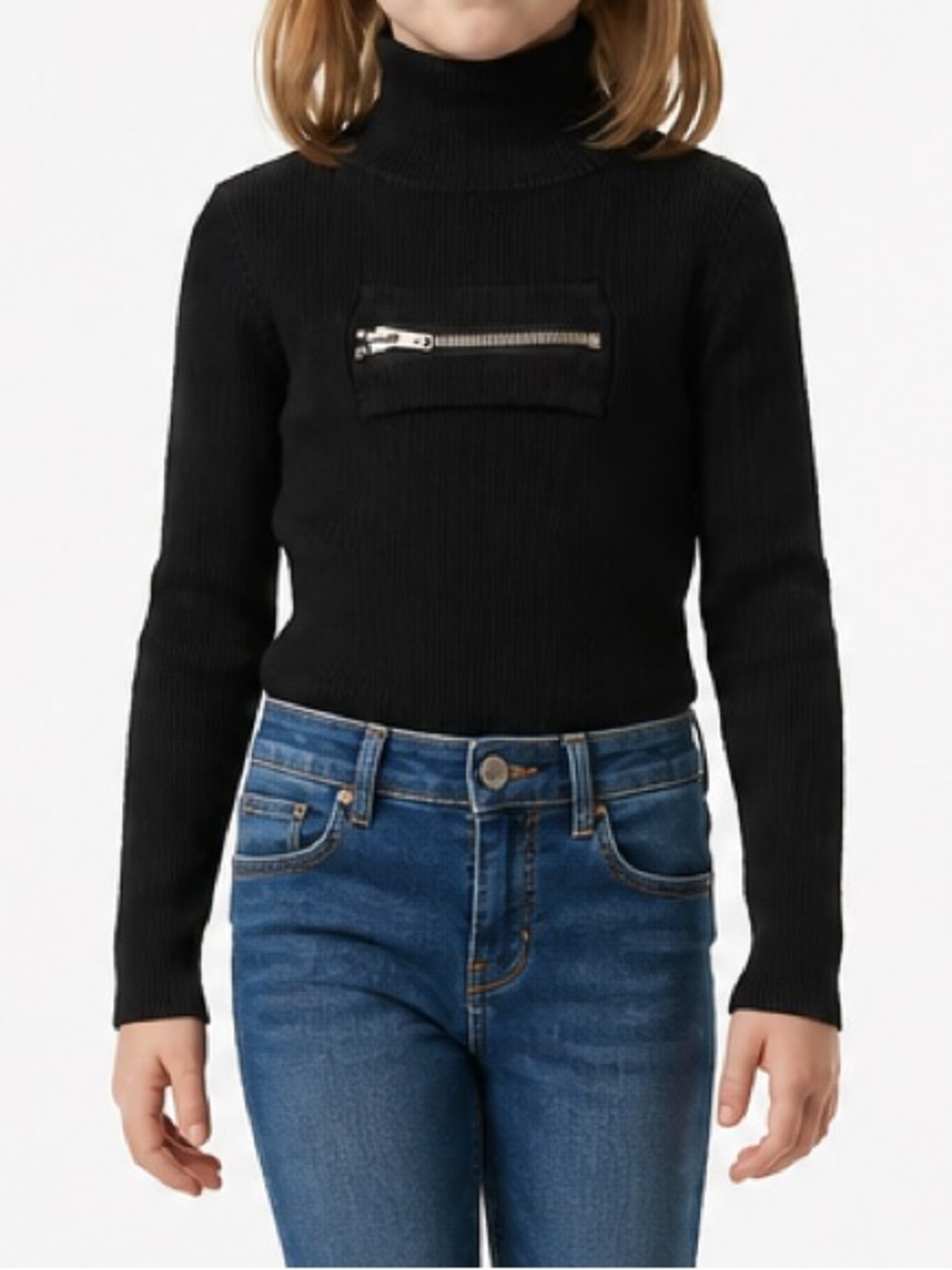 Black knit sweater. Mock turtleneck horizontal zipper detail. Size medium.